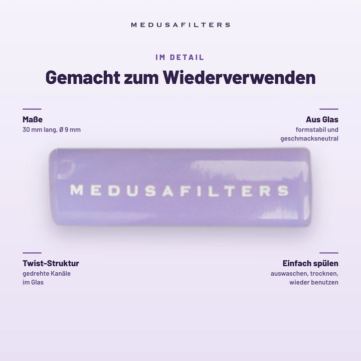 Gemacht zum Wiederverwenden: Twisted Glasfilter VIOLET, 30 mm lang, Ø 9 mm. Aus Glas, formstabil und geschmacksneutral; Twist-Struktur mit gedrehten Kanälen; einfach spülen, trocknen, wieder benutzen