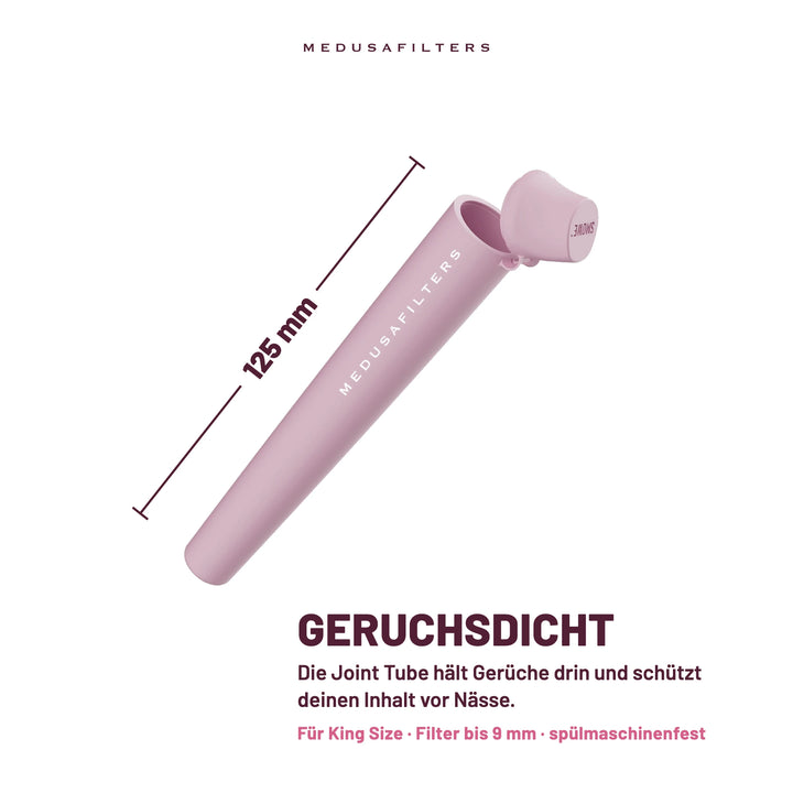 Joint Tube ROSÉ, 125 mm lang, mit geöffnetem Deckel. Geruchsdicht: hält Gerüche drin und schützt deinen Inhalt vor Nässe. Für King Size, Filter bis 9 mm, spülmaschinenfest