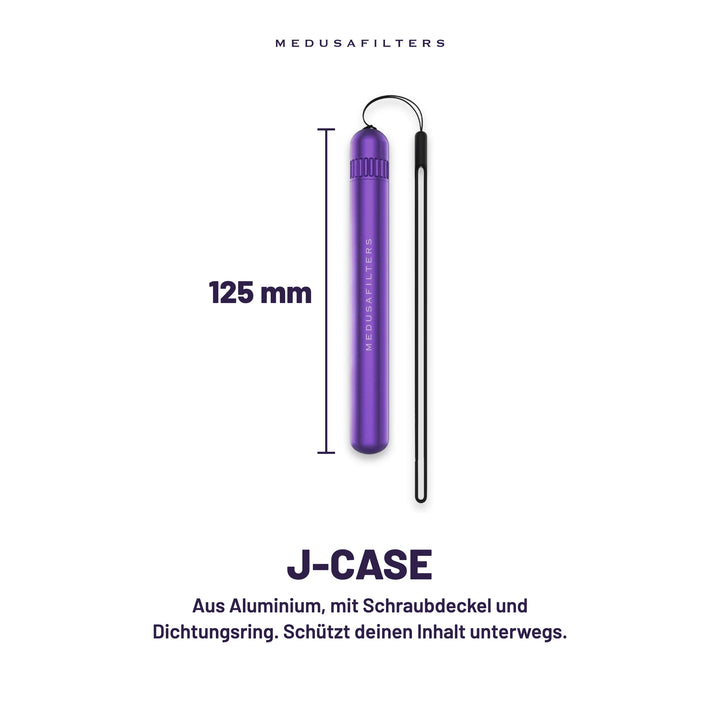 J-Case in VIOLET mit Kordel, 125 mm lang, aus Aluminium mit Schraubdeckel und Dichtungsring, schützt deinen Inhalt unterwegs