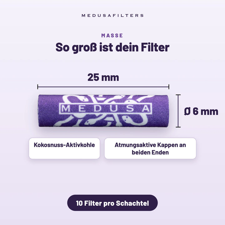 So groß ist dein Filter: VIOLET Aktivkohlefilter, 25 mm lang, Ø 6 mm, mit Kokosnuss-Aktivkohle und atmungsaktiven Kappen an beiden Enden, 10 Filter pro Schachtel