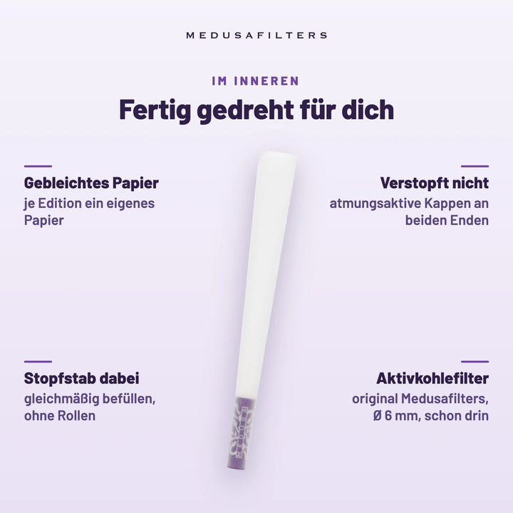 Fertig gedreht für dich: Pre-Rolled Cone VIOLET mit gebleichtem Papier; Aktivkohlefilter Ø 6 mm schon drin; verstopft nicht dank atmungsaktiver Kappen an beiden Enden; Stopfstab dabei