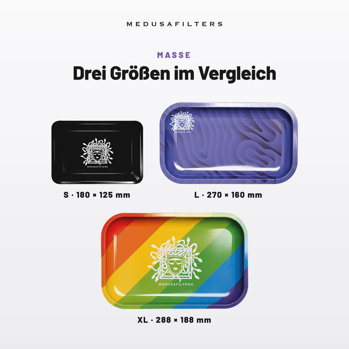 Drei Größen im Vergleich: Rolling Tray S 180 × 125 mm, L 270 × 160 mm, XL 288 × 188 mm