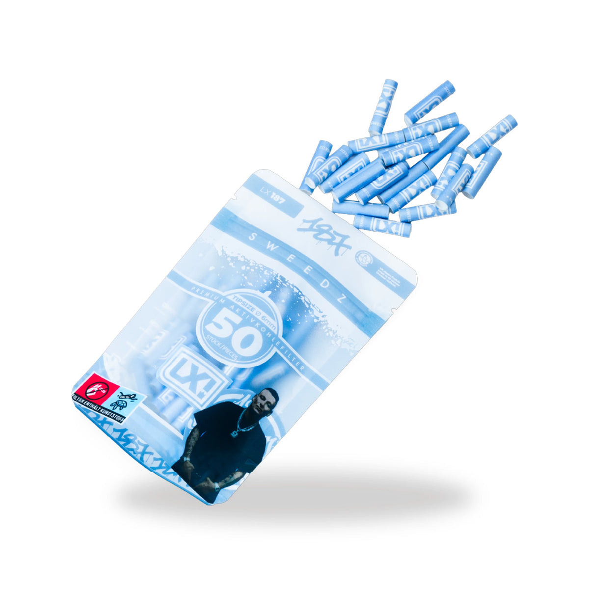 Geöffnete 50er-Packung LX der 187 Straßenbande Edition mit herausfallenden Filtern