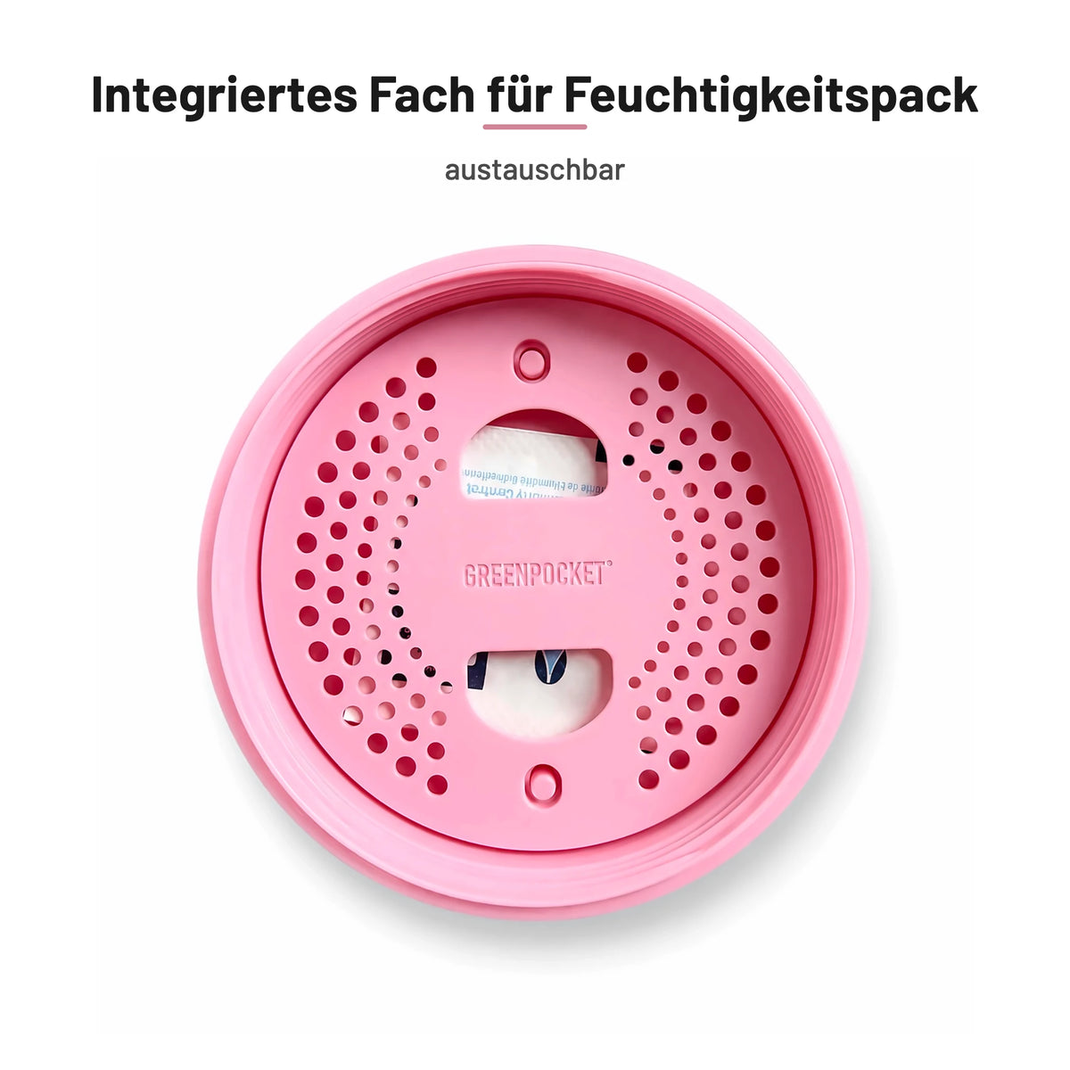 Deckel der Green Pocket Rosé von innen mit Sieb-Einsatz und Fach für das Feuchtigkeits-Pack