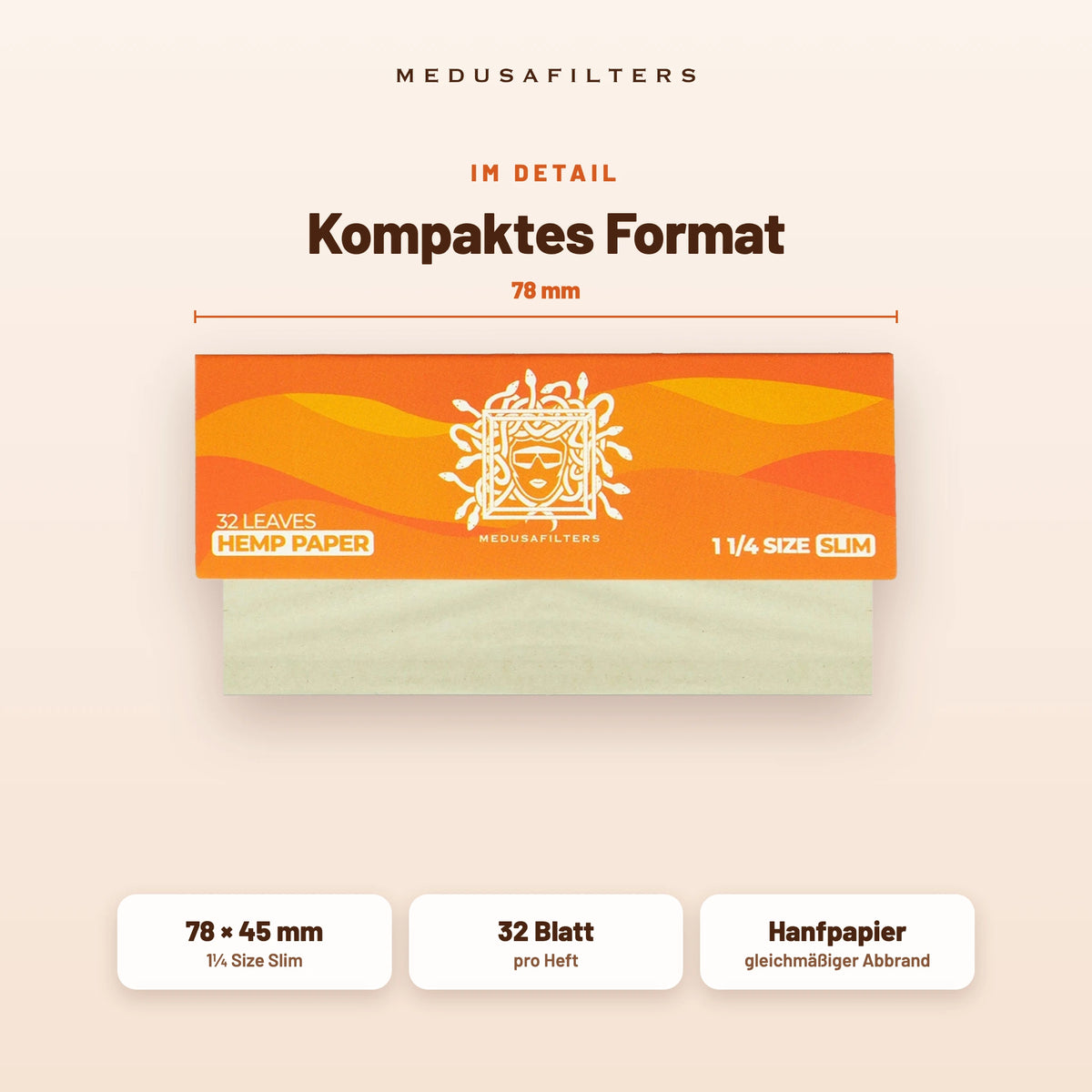 Im Detail: Shortpapers im kompakten Format 78 × 45 mm, Hanfpapier, 32 Blatt pro Heft