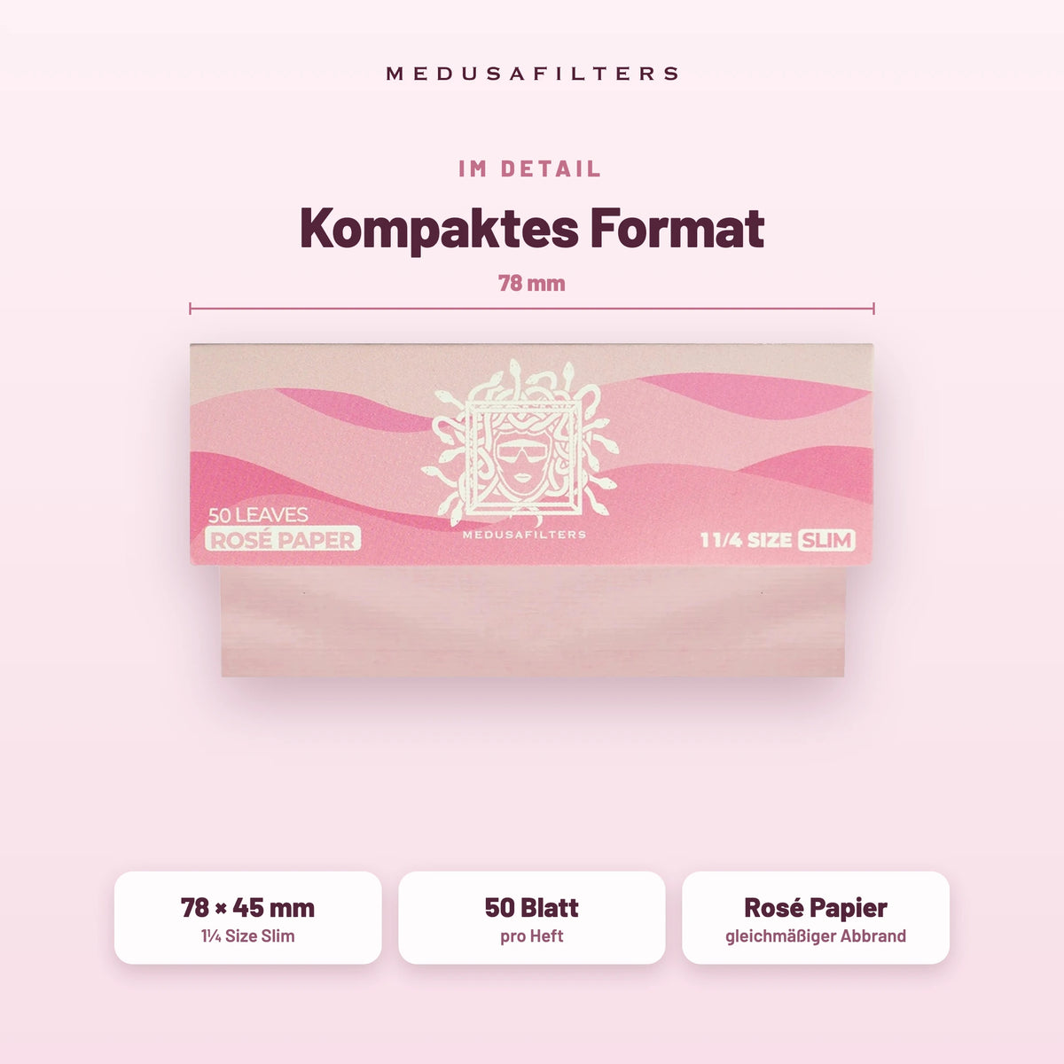 Im Detail: Shortpapers im kompakten Format 78 × 45 mm, Rosé-Papier, 50 Blatt pro Heft