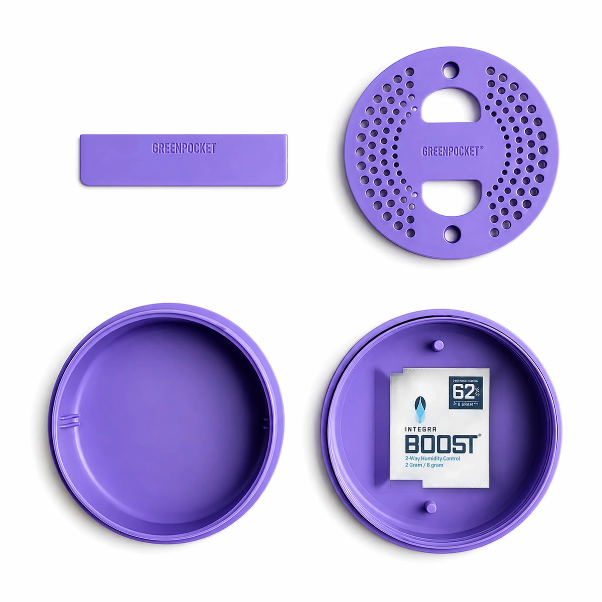 Alle Teile der Green Pocket Violet: Dose, Deckel mit Feuchtigkeits-Pack, Sieb-Einsatz und Trennwand