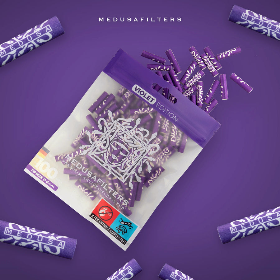 100er Packung Medusafilters Aktivkohlefilter VIOLET mit Filtern auf lila Grund
