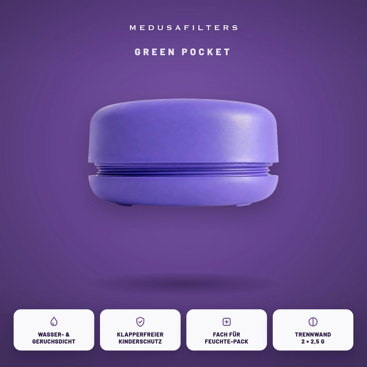 Green Pocket Violet geschlossen auf farbigem Grund, darunter vier Merkmale der Dose